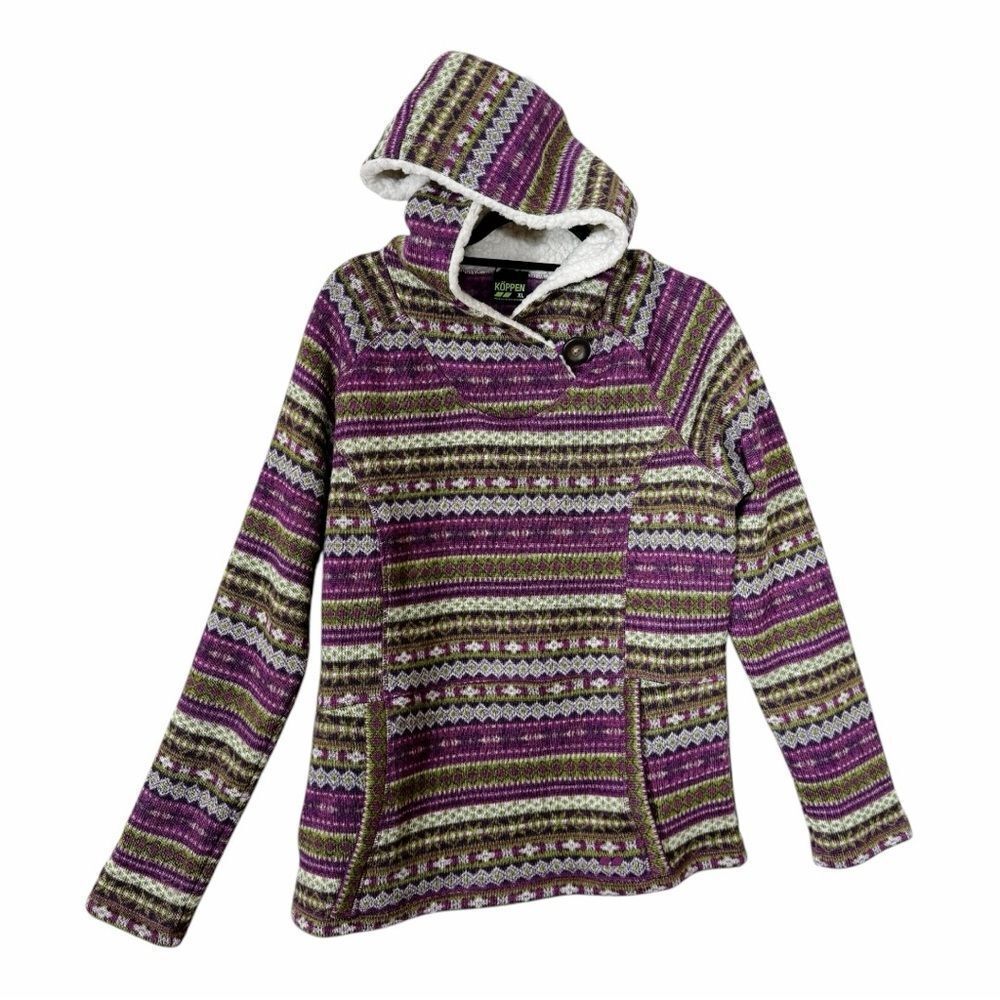 Koppen Purple Nordic Fair Isle Sherpa Hooded Fleece Pullover Sweater Extra Large